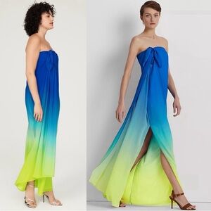 RALPH LAUREN Ombré Dyed Chiffon Strapless Draped Tie Front Column Maxi Gown 4